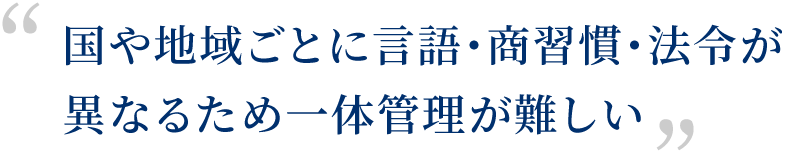 国や地域ごとに言語・商習慣・法令が異なるため一体管理が難しい